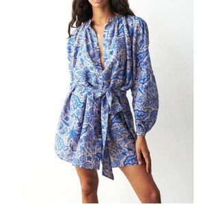 Chufy Womens Pia Mini Dress XL Natty Blue Sz Cotton Silk Blouson Sleeve NWT